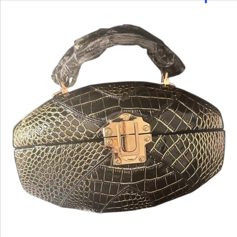 Football Shaped, Brown and Gold Crossbody Bag, Goldtone Hardware, NWT